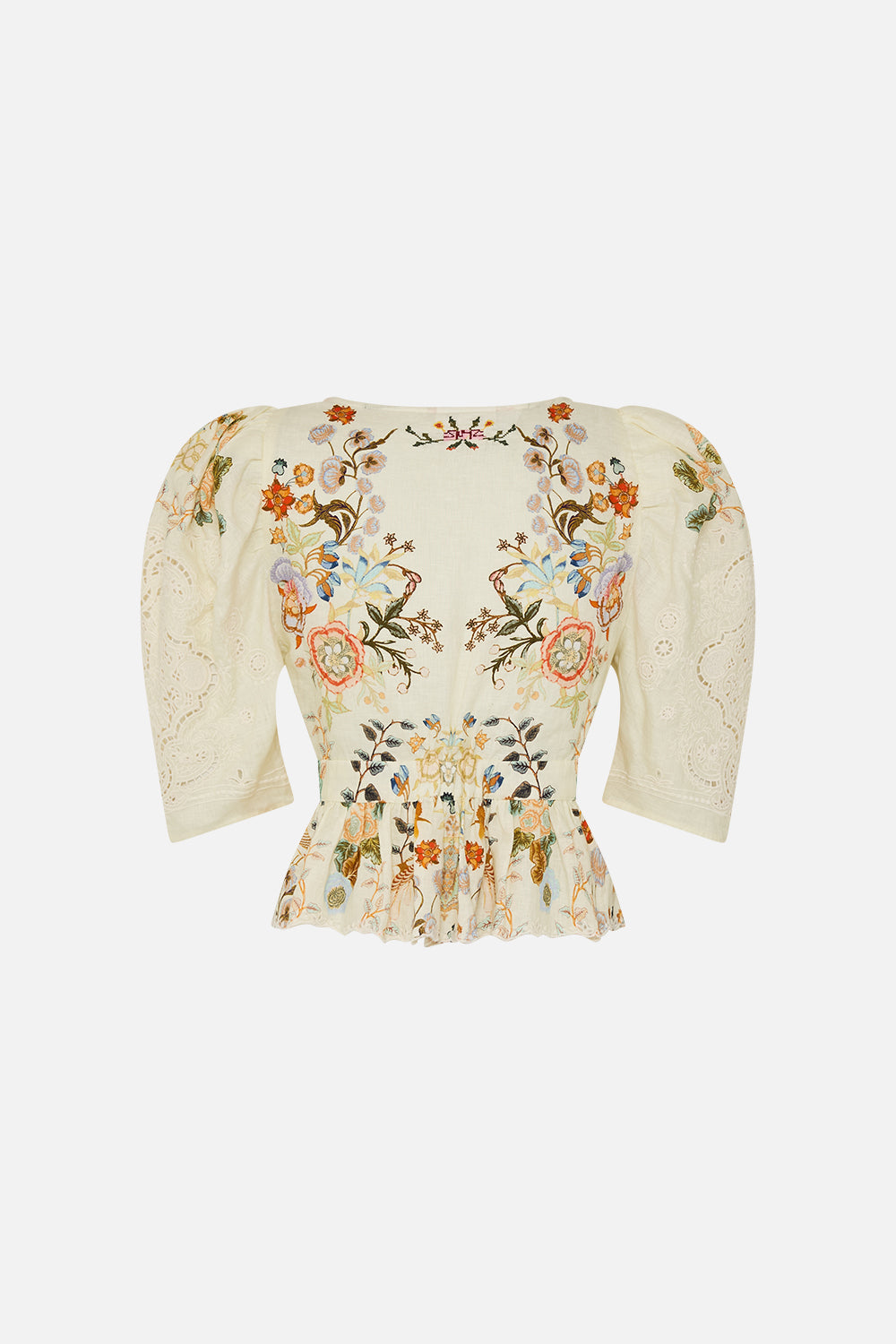 CAMILLA Puff Sleeve Top with Hardware in Honour of Heirlooms print