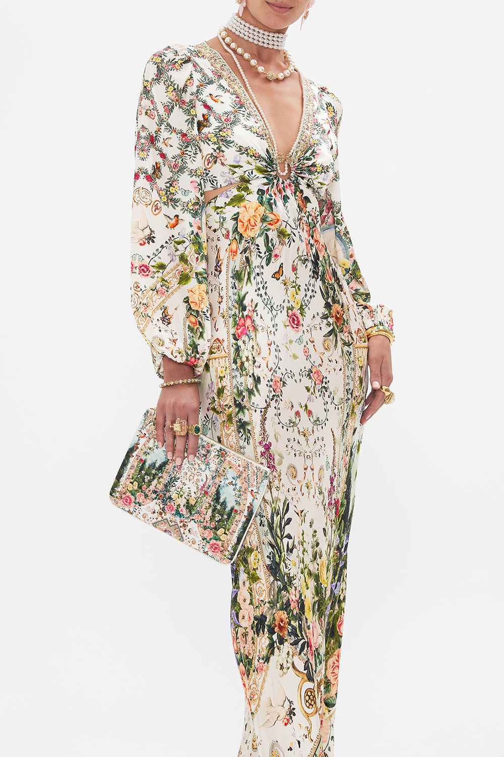CAMILLA floral print clutch in Renaissance Romance print