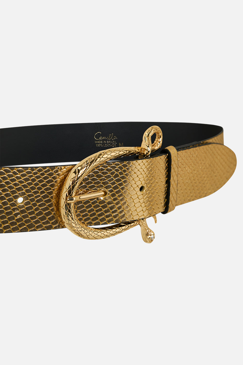 CAMILLA Snake Buckle Belt in Gold print.