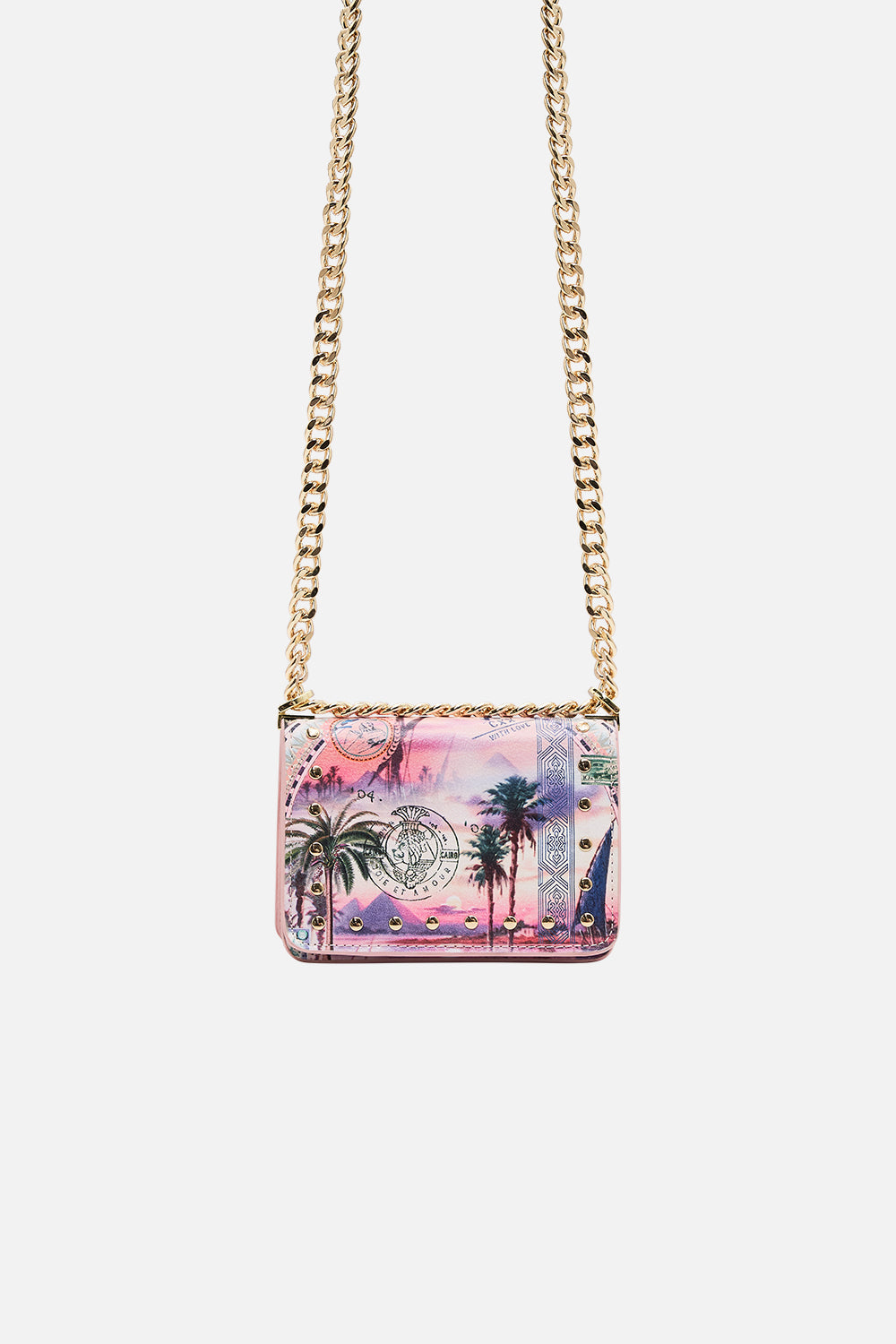 CAMILLA mini crossbody box bag with chain in Milla's Got Mail Print.