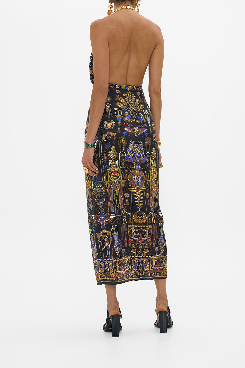 CAMILLA Plunge Bodysuit With Neck Trim in Cartouche Kingdom print.