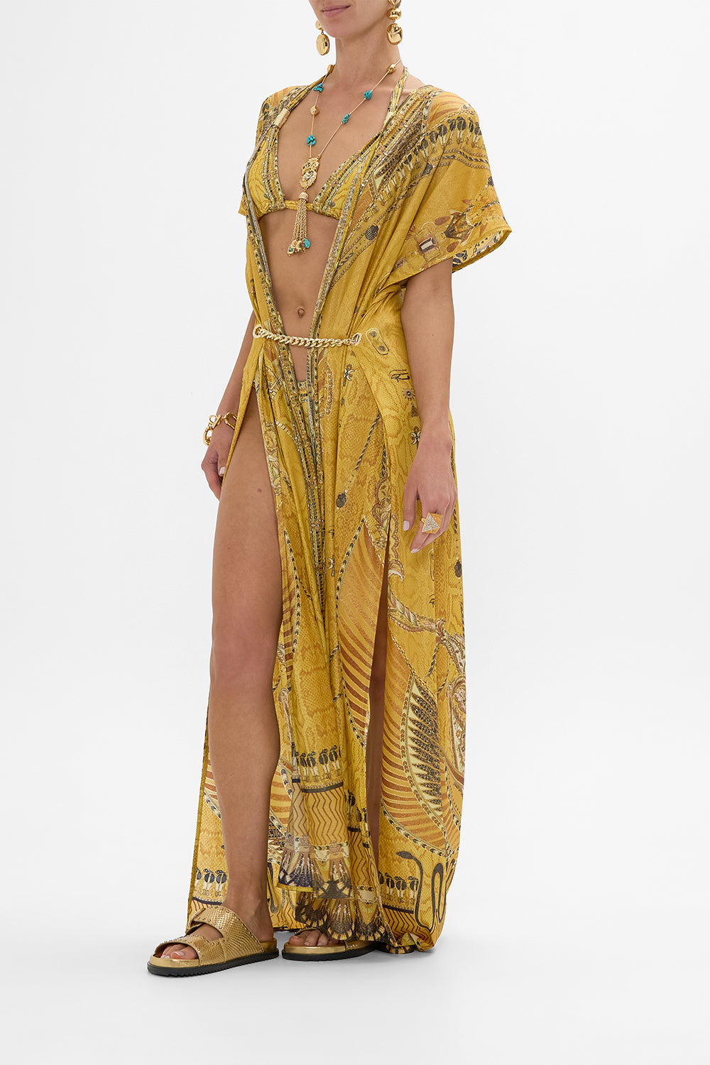CAMILLA Gold Cover-Up with Front Splits in Valley of the Kings Print
