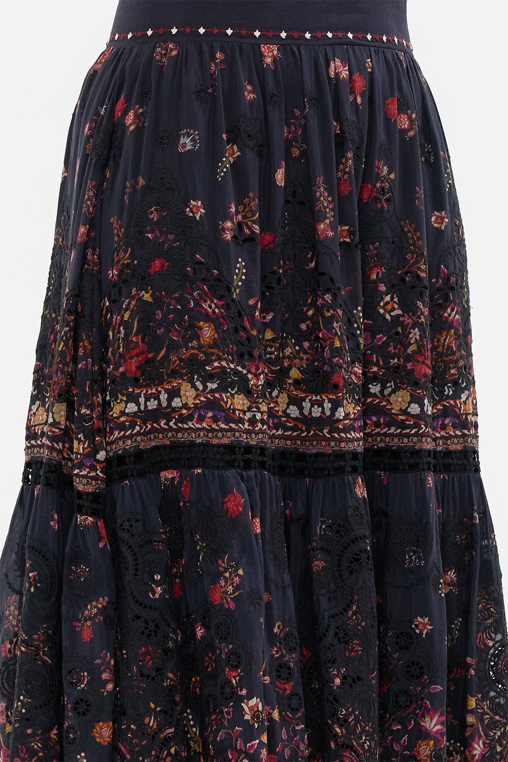 CAMILLA High Waisted Embroidered Tiered Skirt Loom to Tomb print