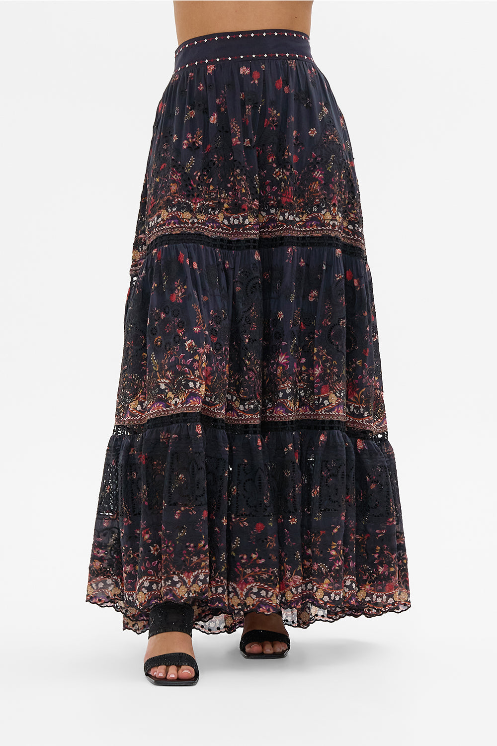 CAMILLA High Waisted Embroidered Tiered Skirt Loom to Tomb print