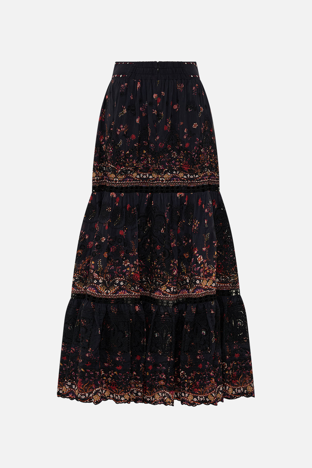 CAMILLA High Waisted Embroidered Tiered Skirt Loom to Tomb print