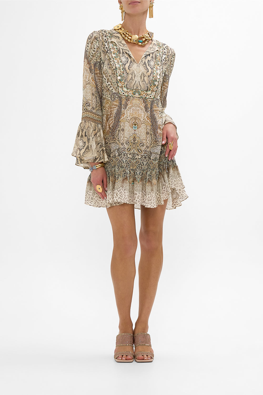 CAMILLA Frill Hem Long Sleeve Dress in The Throne Room print