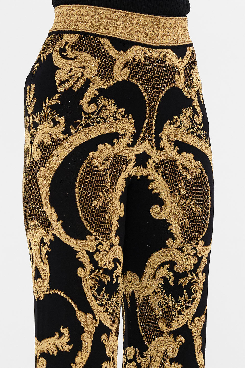 CAMILLA Black Flared Jacquard Knit Pant in Magic in the Manuscripts print