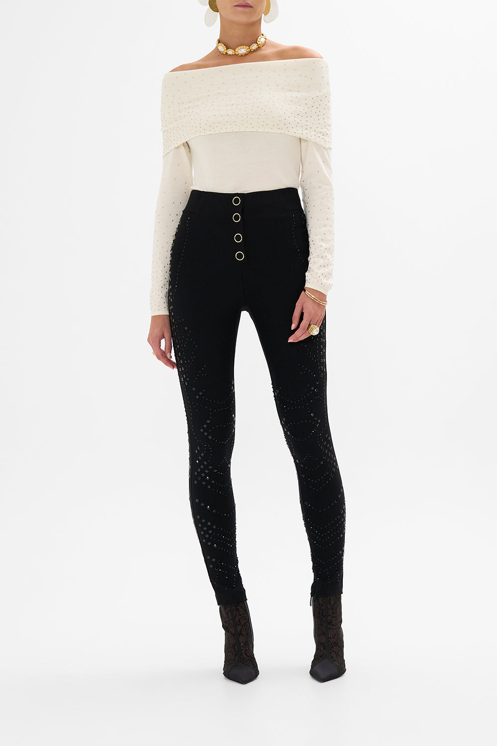 CAMILLA Black Knit Top with Silk Bow Detail in Magic in the Manuscripts print