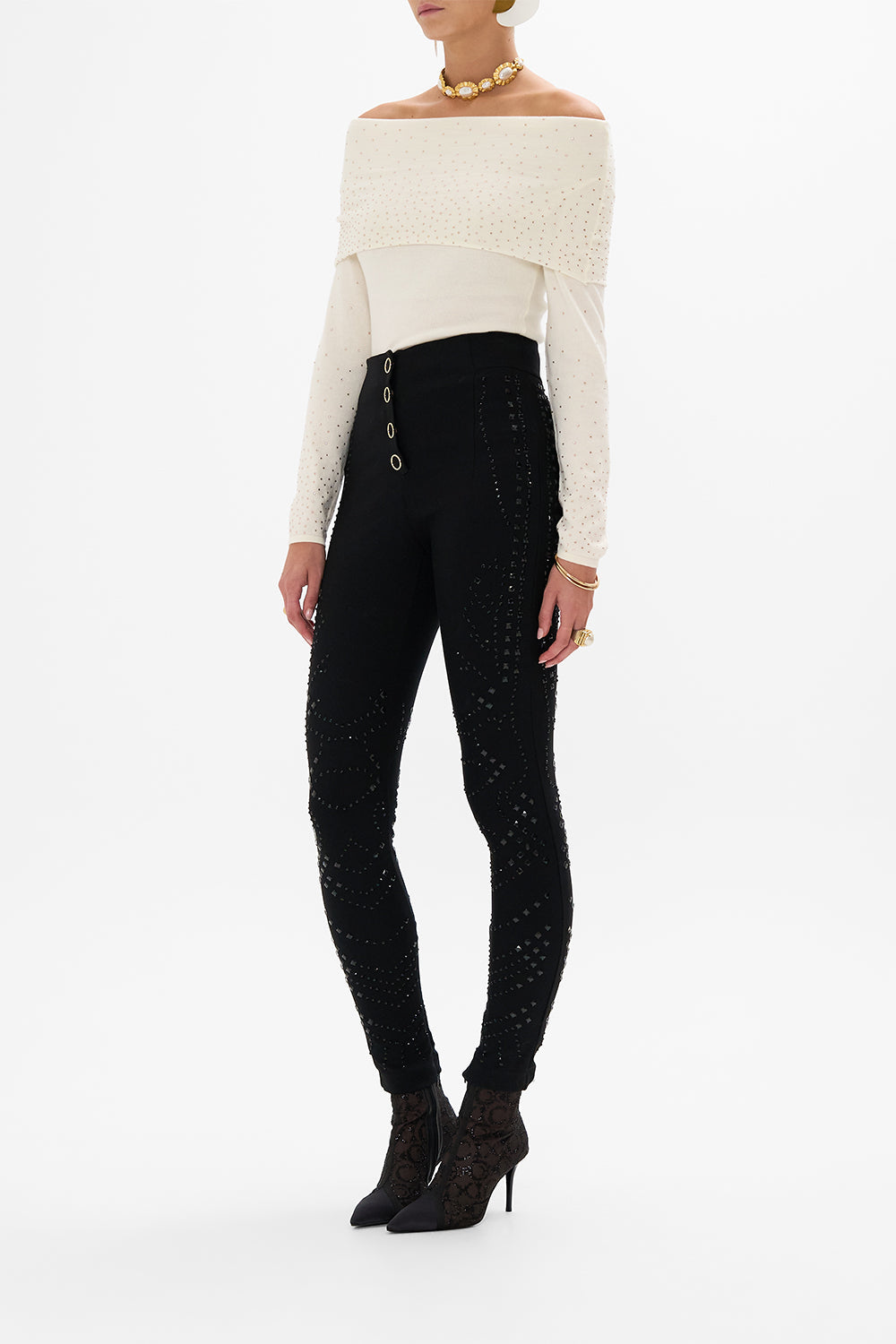 CAMILLA multi Off Shoulder Knit Top in Etched into Eternity print