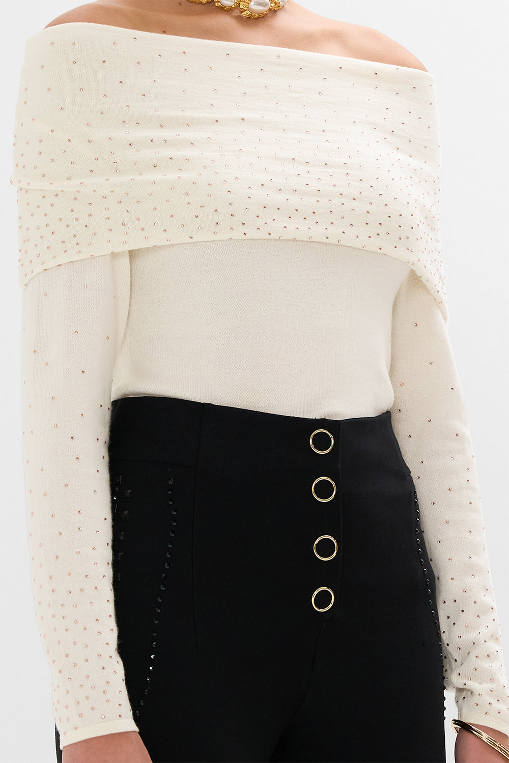 CAMILLA multi Off Shoulder Knit Top in Etched into Eternity print