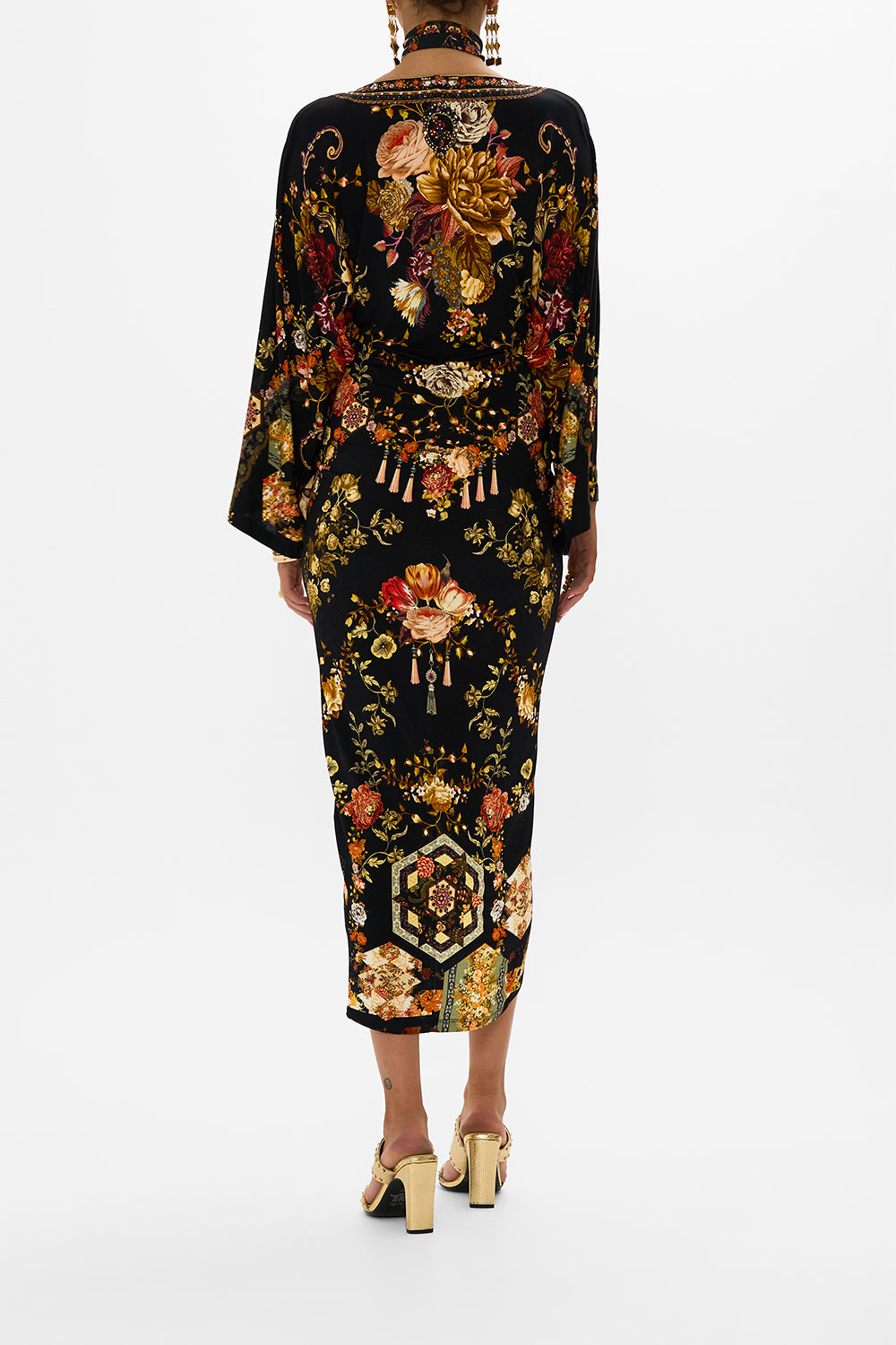 CAMILLA multicolor long split-front twist dress in Stitched In Time print.