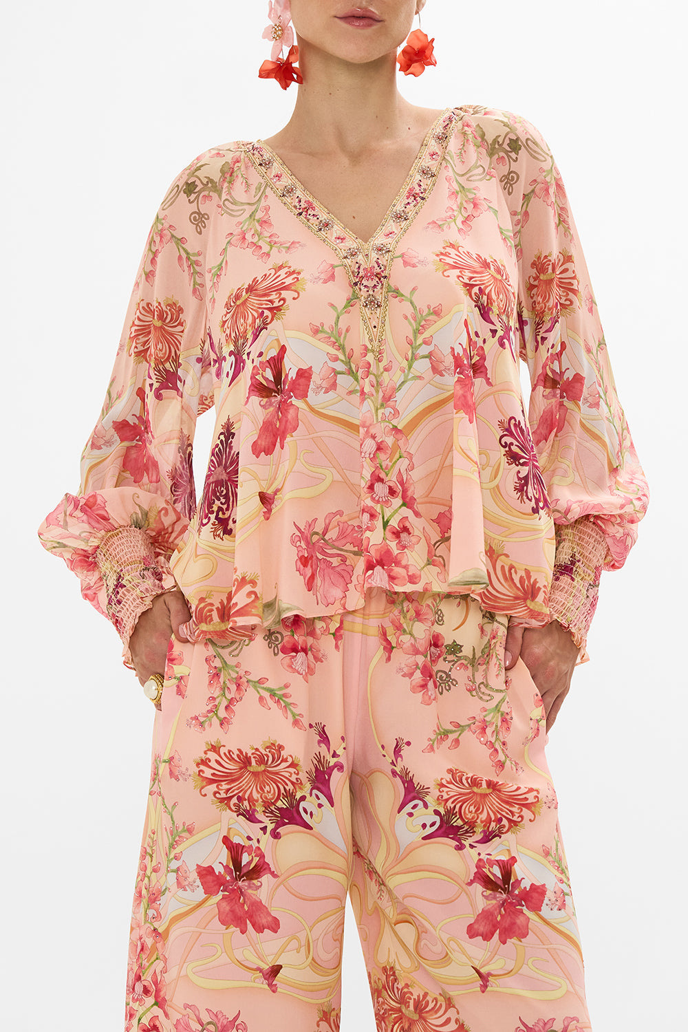 CAMILLA Floral Shirred Cuff Blouse in Blossoms and Brushstrokes print