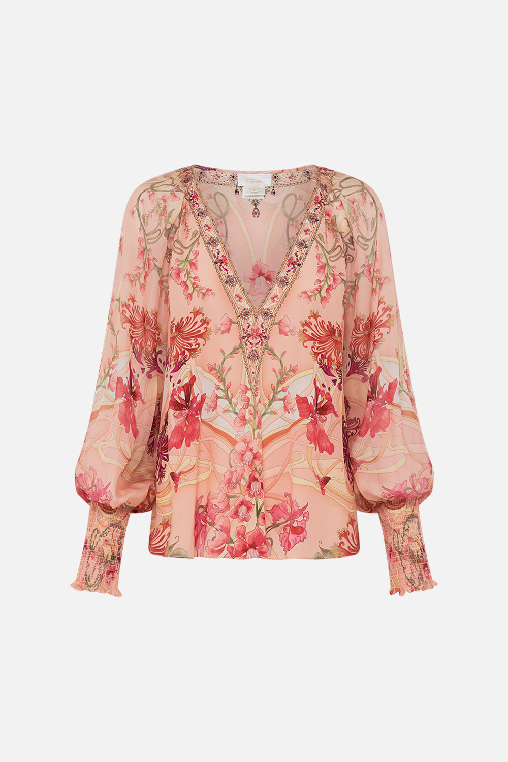 CAMILLA Floral Shirred Cuff Blouse in Blossoms and Brushstrokes print