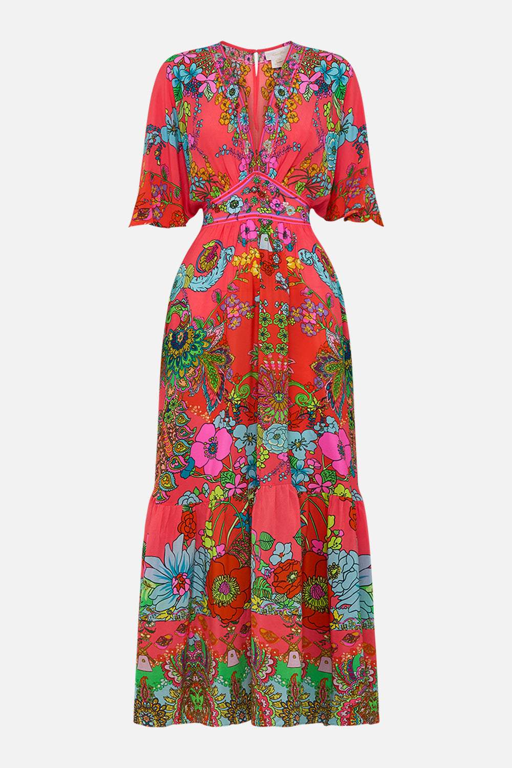 CAMILLA Pink Waisted Dress with Hem Ruffle in Windmills and Wildflowers