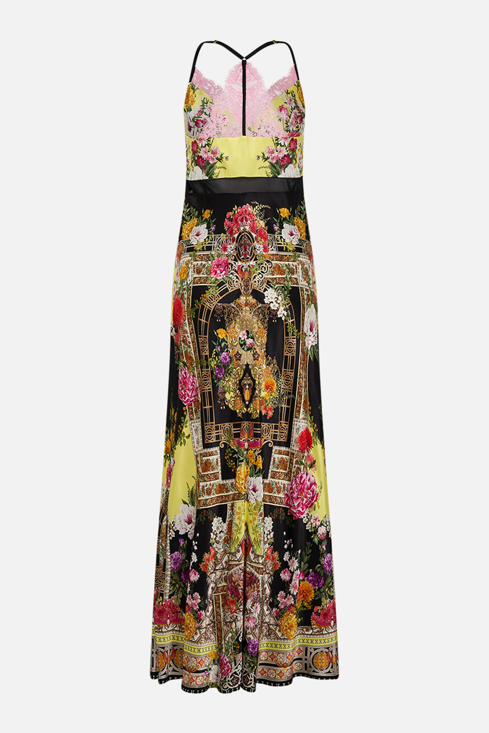 CAMILLA Lace splice bias long dress in Adorned in Alexandria print.