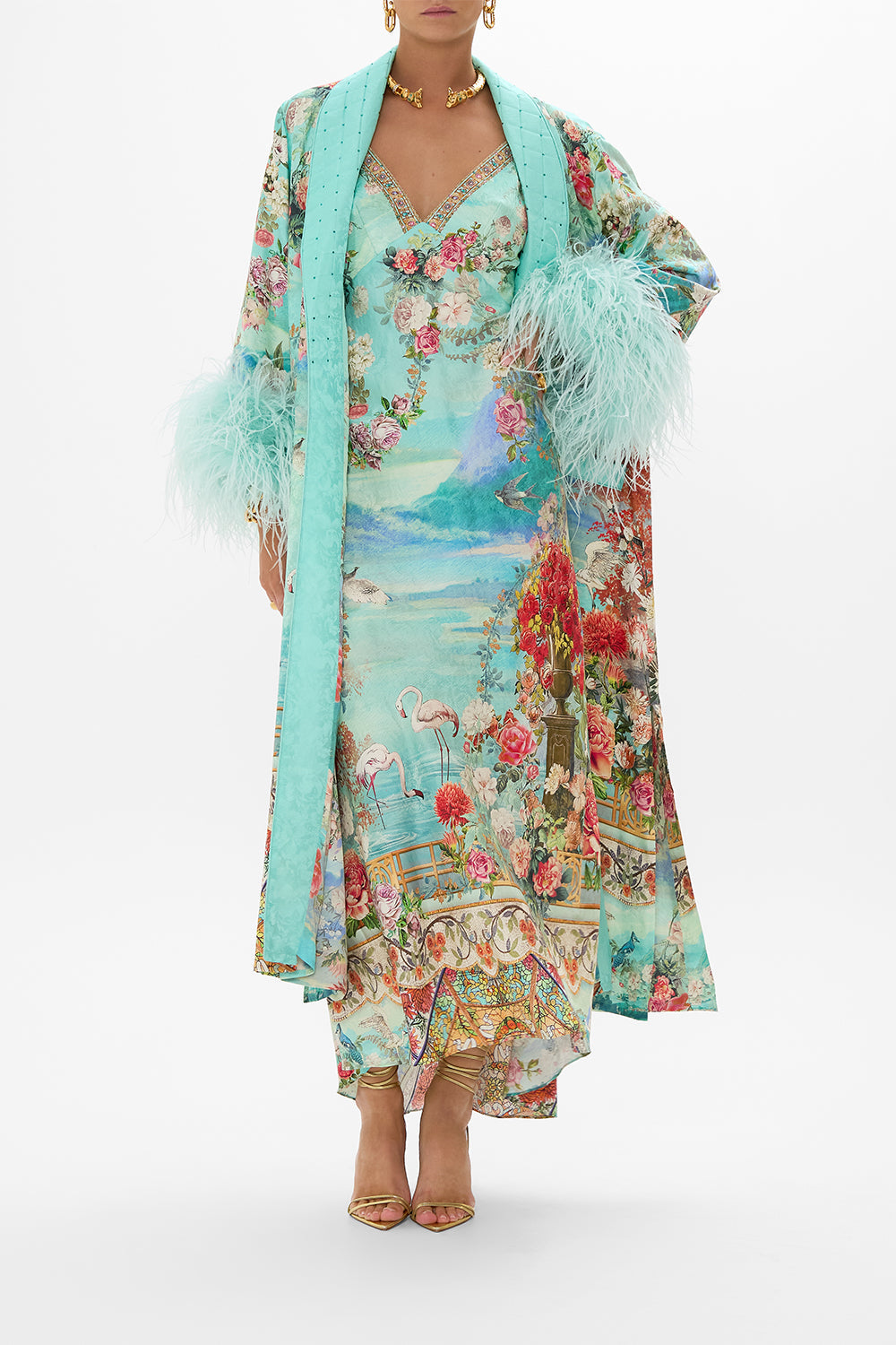 CAMILLA V neck bias slip dress with back frill in The jewellery museum print.