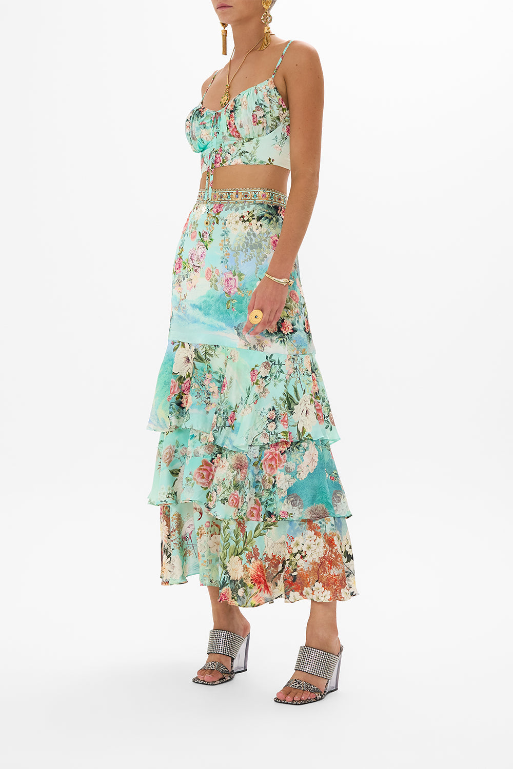 CAMILLA Tiered ruffle skirt in The jewellery museum print.