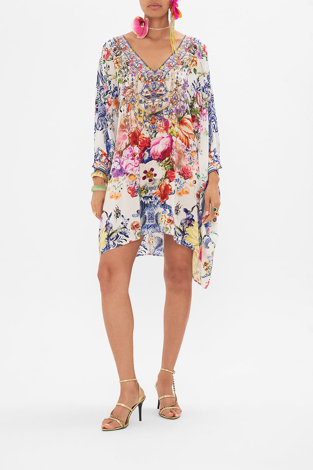 Front view of model wearing CAMILLA shirt kaftan in Dutch Is Life print