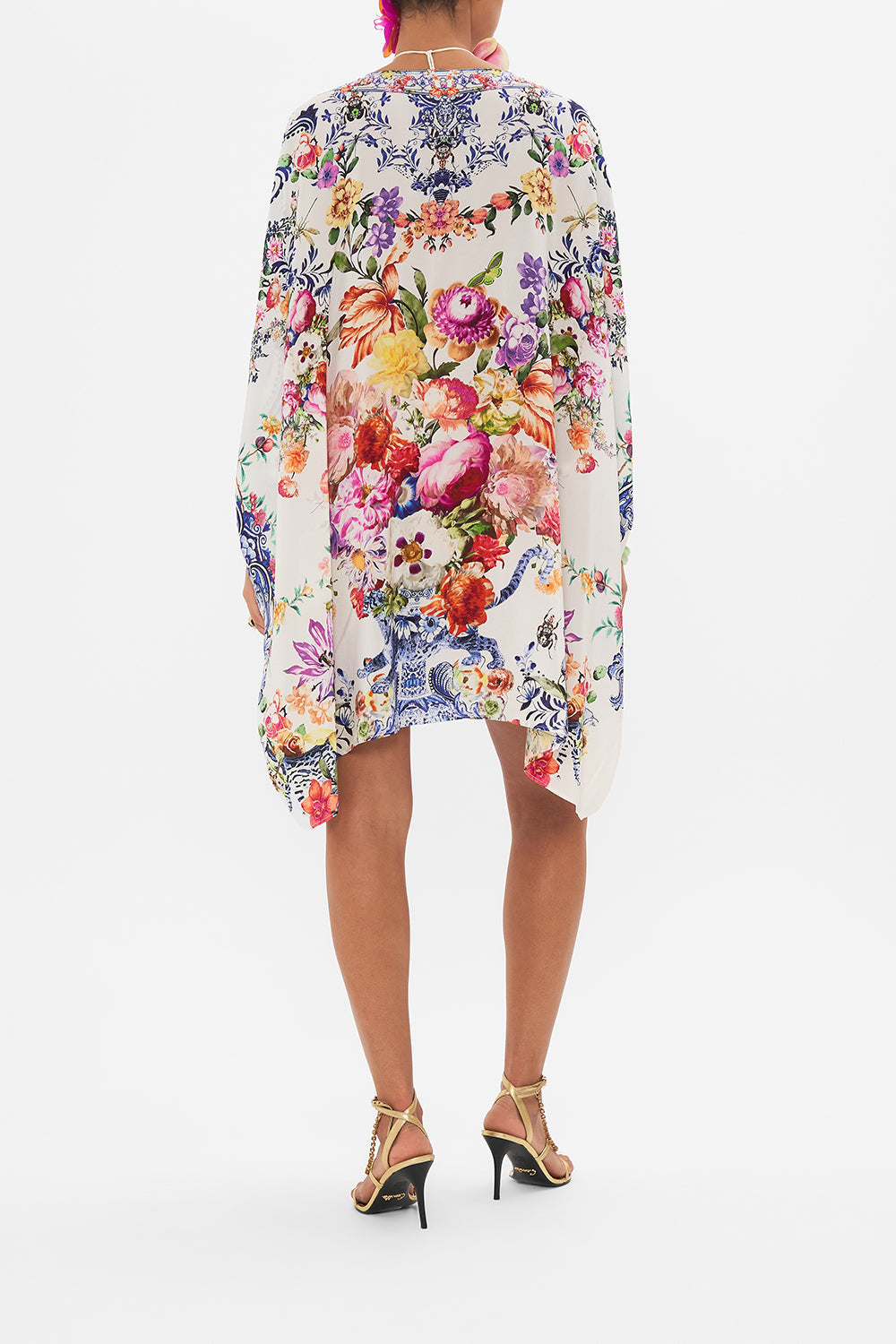 Back view of model wearing CAMILLA shirt kaftan in Dutch Is Life print