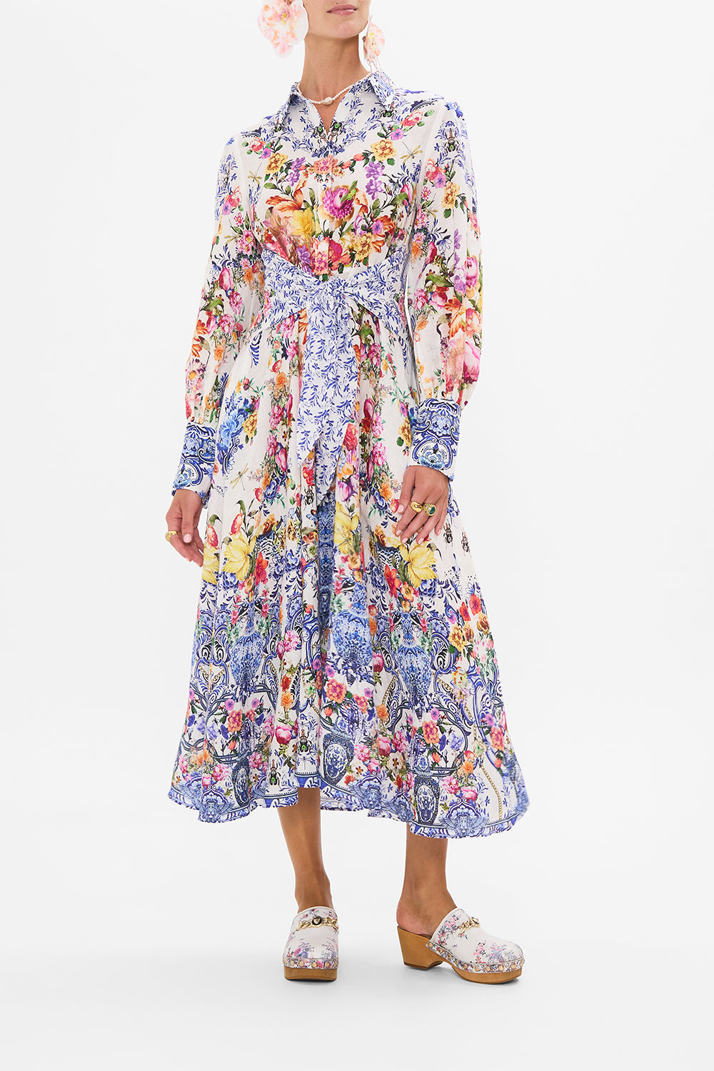 Front view of model wearing CAMILLA silk shirt dress in Dutch Is Life print