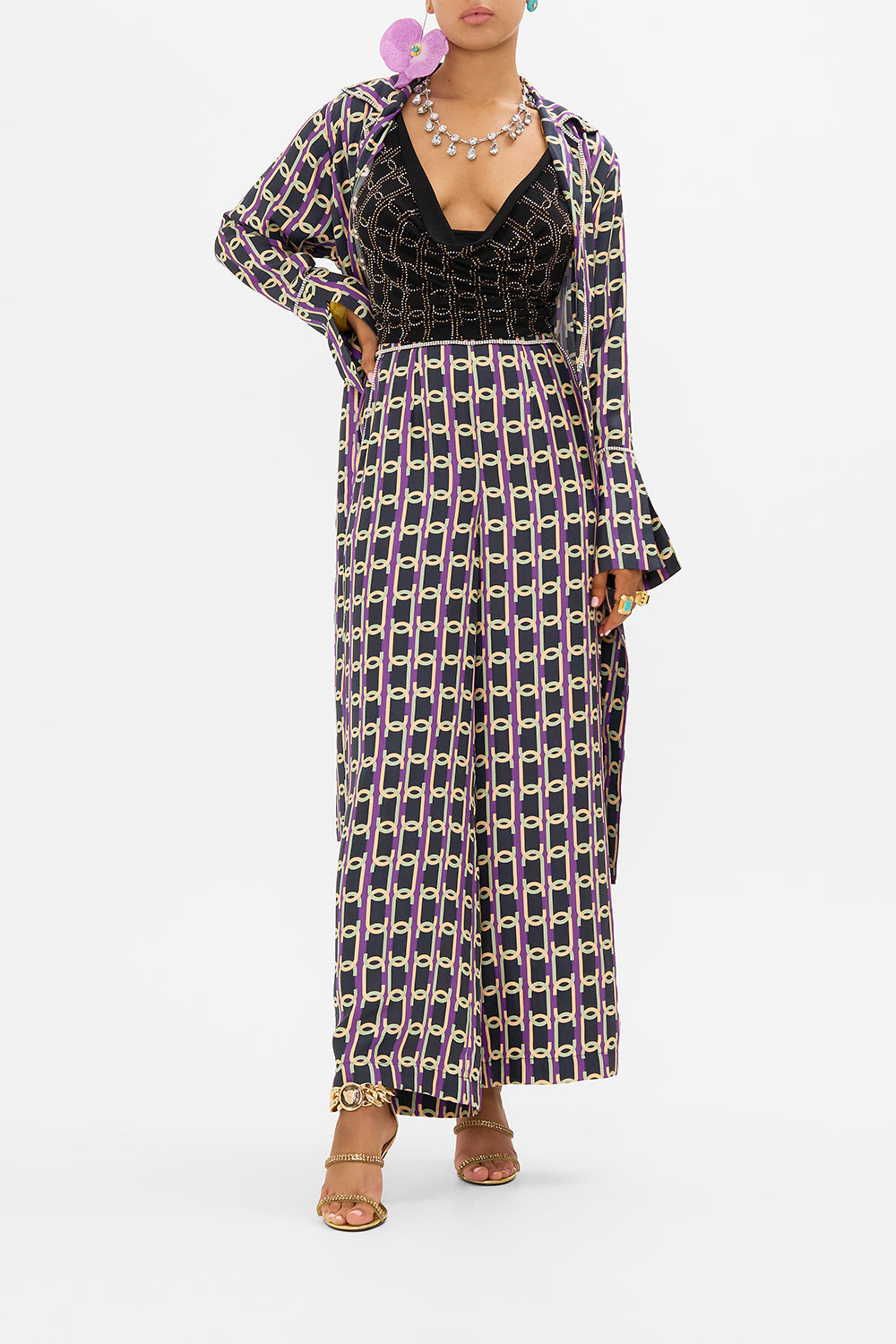 CAMILLA cowl neck jersey top in Film Diva print