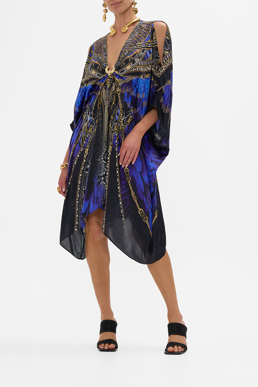 CAMILLA Short Kaftan with Hardware in Other Side of the Oasis print.