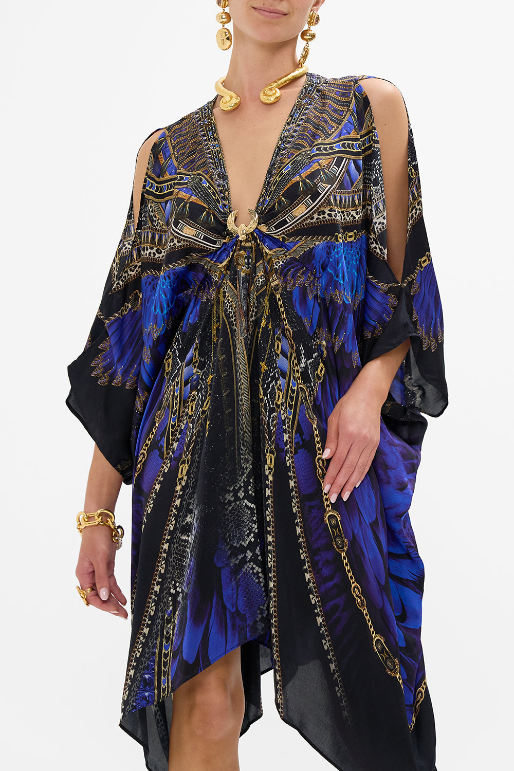 CAMILLA Short Kaftan with Hardware in Other Side of the Oasis print.