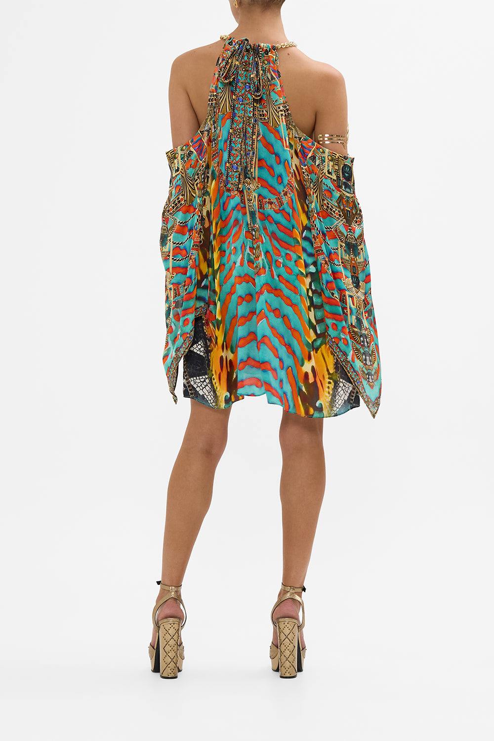 CAMILLA Flared Sleeve Cold Shoulder Short Kaftan in Desert Visions print.