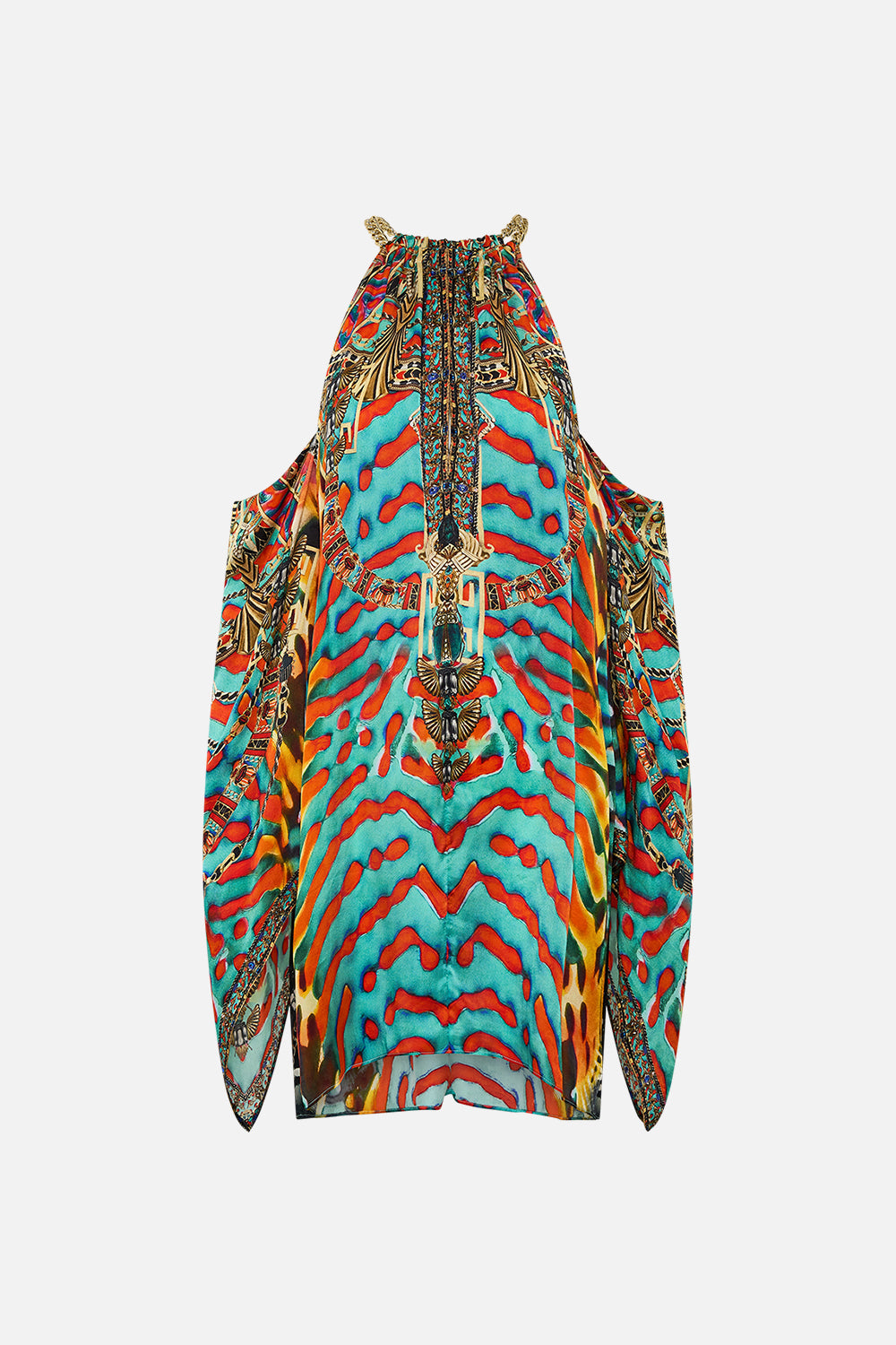 CAMILLA Flared Sleeve Cold Shoulder Short Kaftan in Desert Visions print.