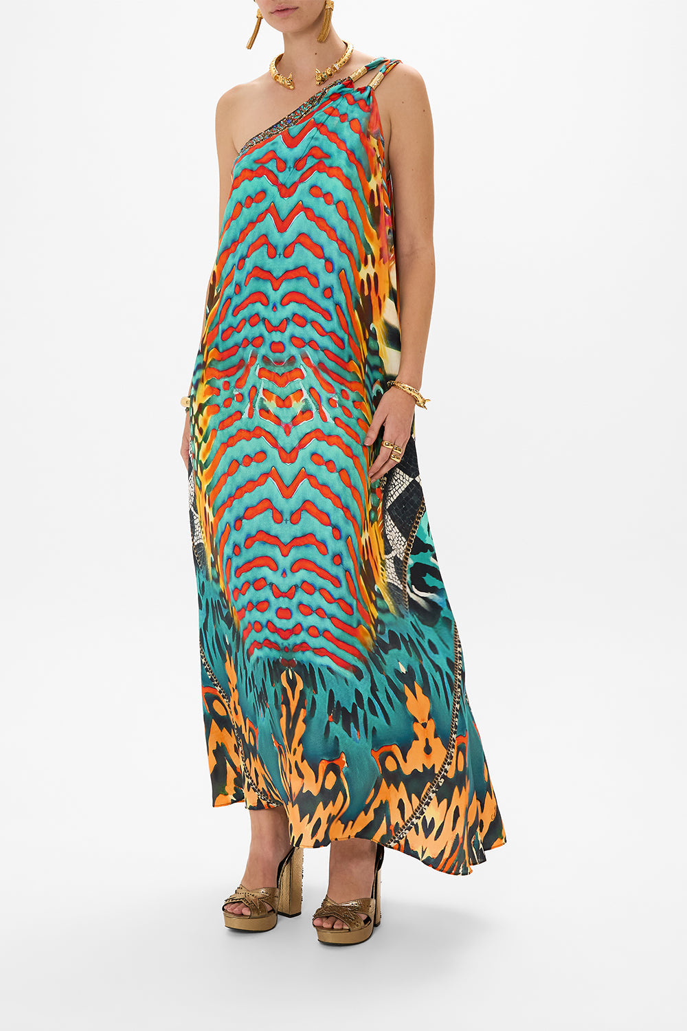 CAMILLA One Shoulder Buckle Dress in Desert Visions print.