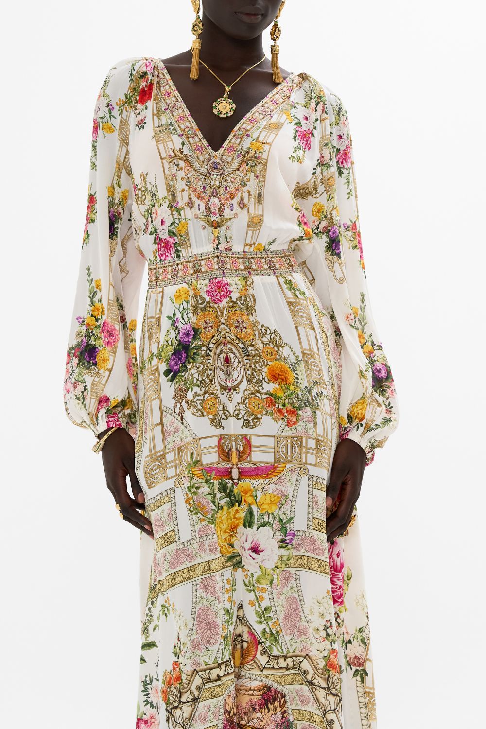 CAMILLA Raglan shirred waist dress in Egyptian rose print.