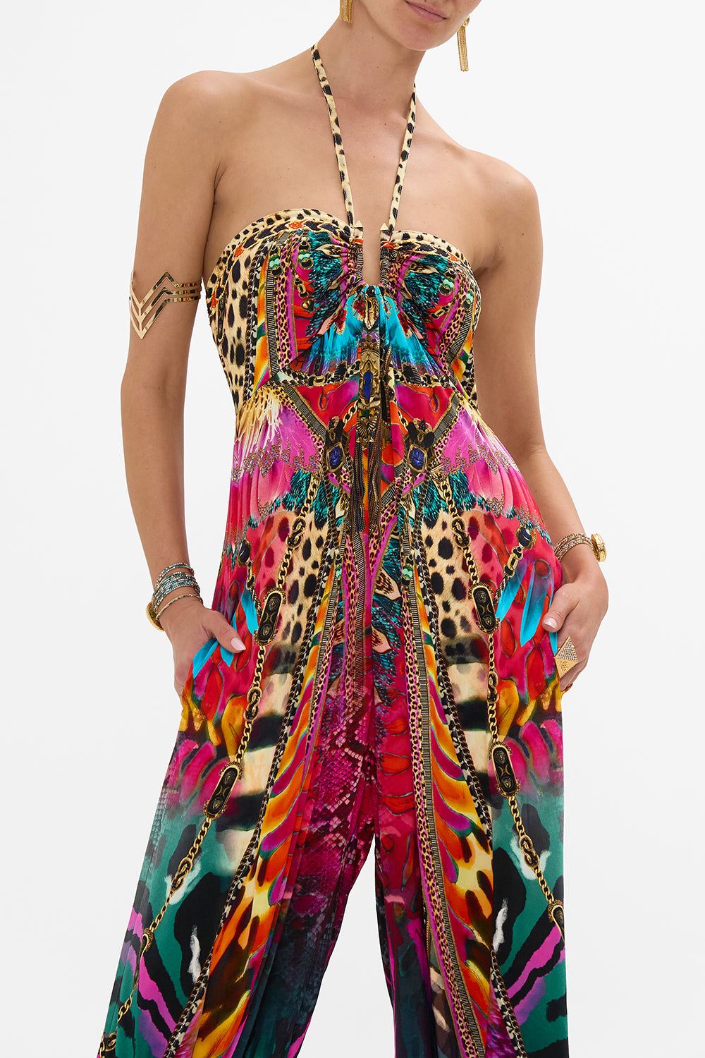 CAMILLA Jersey Draped Pant Jumpsuit with Hardware in Sahara Supernatural print.