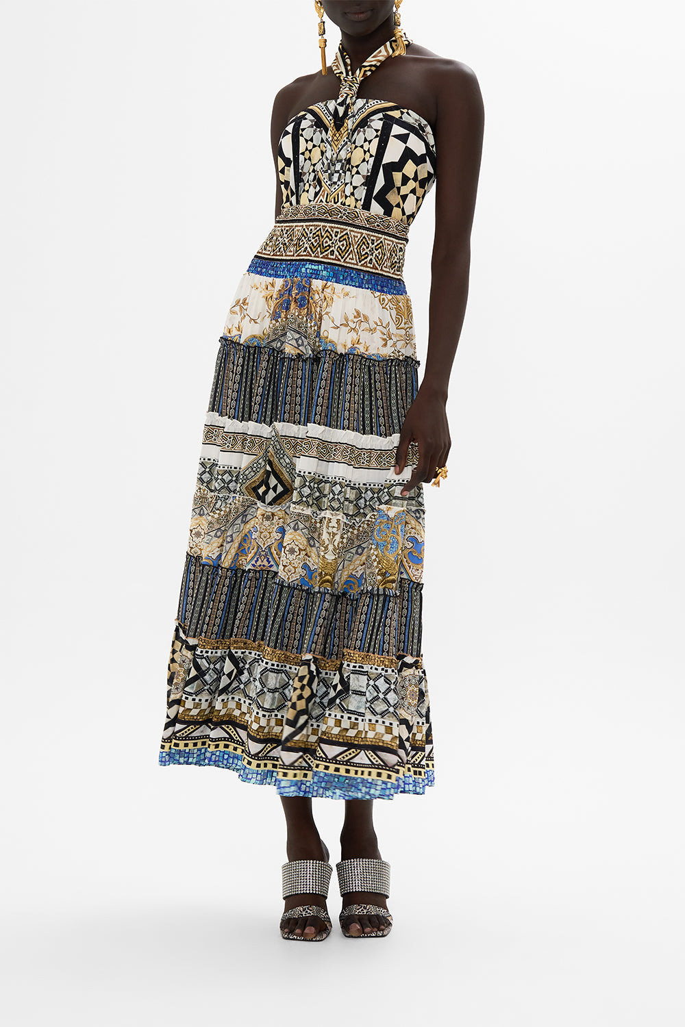 CAMILLA Shirred Waist Tiered Circle Skirt in Make Me Your Mosaic Print.