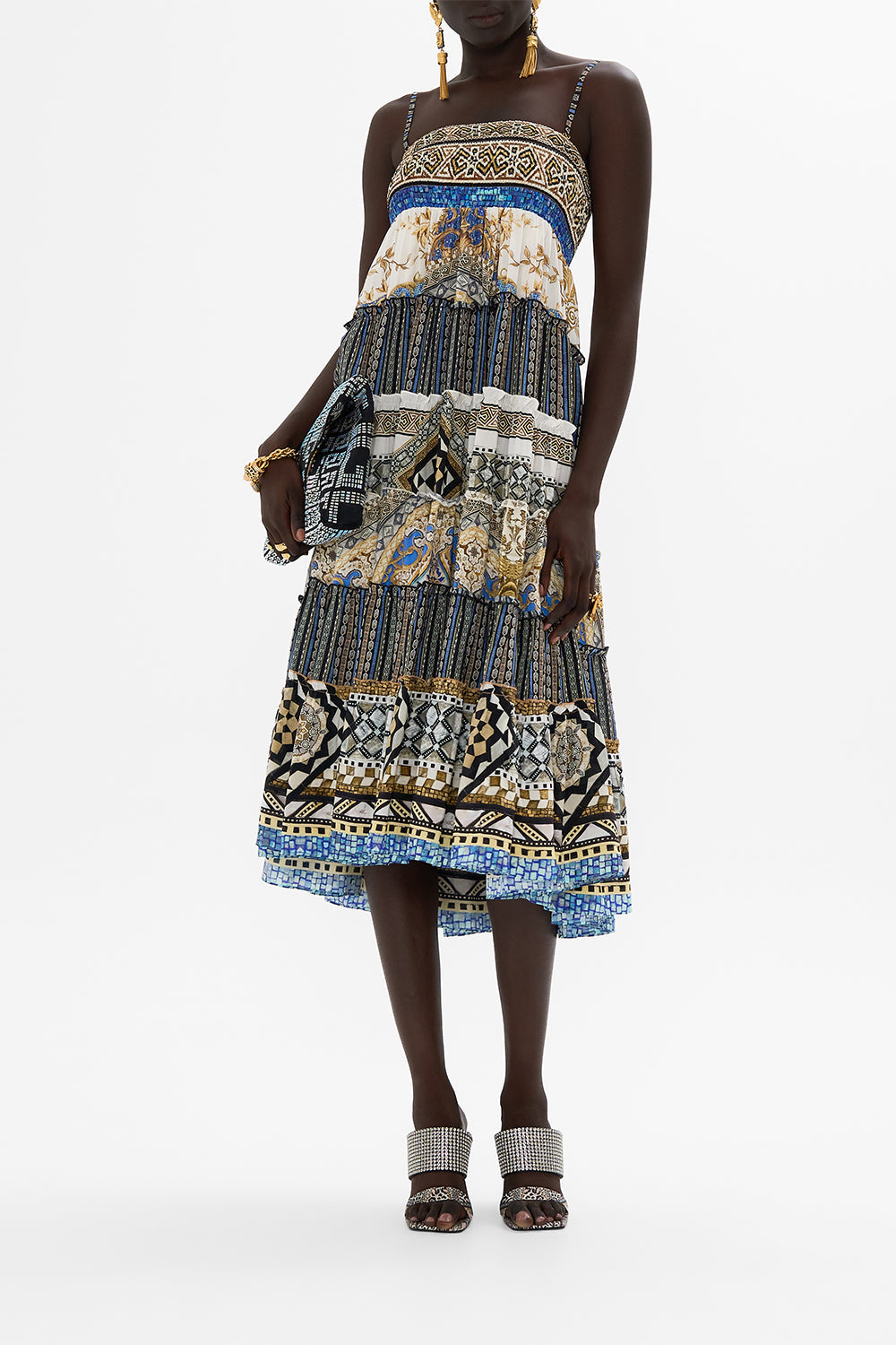CAMILLA Shirred Waist Tiered Circle Skirt in Make Me Your Mosaic Print.