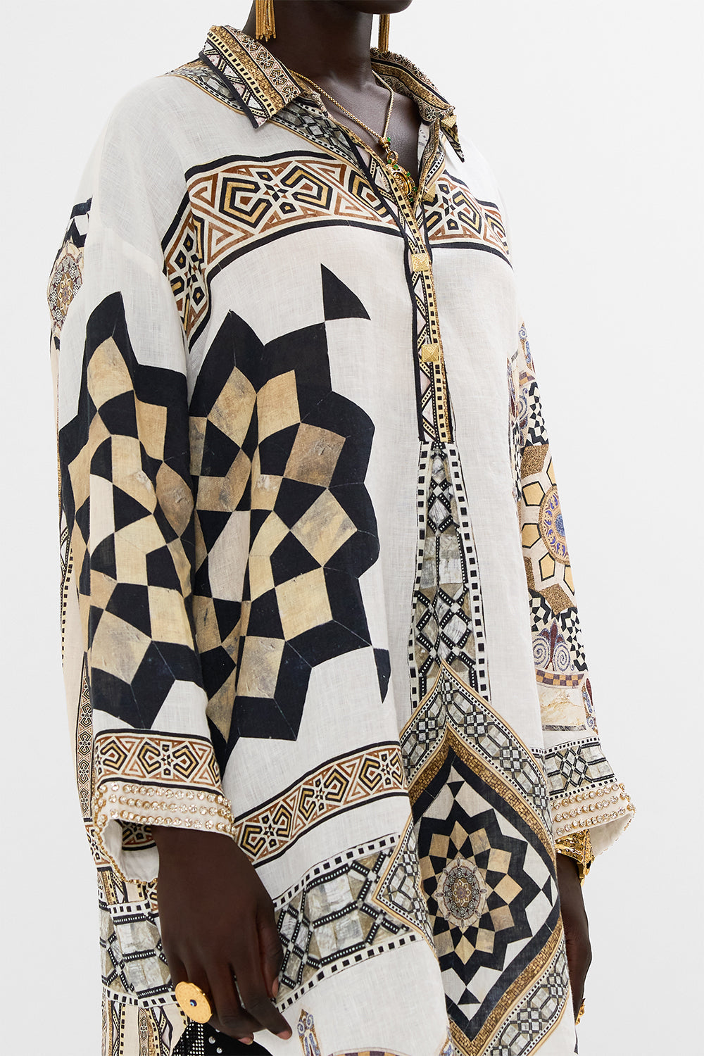 CAMILLA Relaxed High Low Shirt Dress in Tile Style Print.