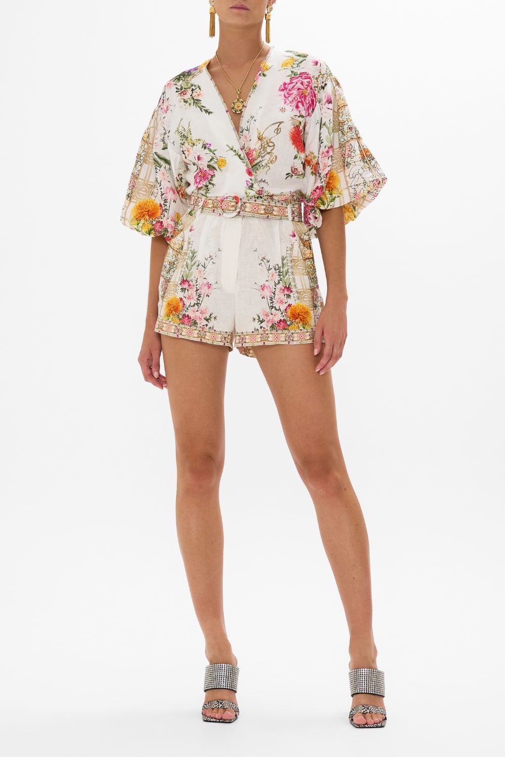 CAMILLA Tie front puff sleeve top in Egyptian rose print.