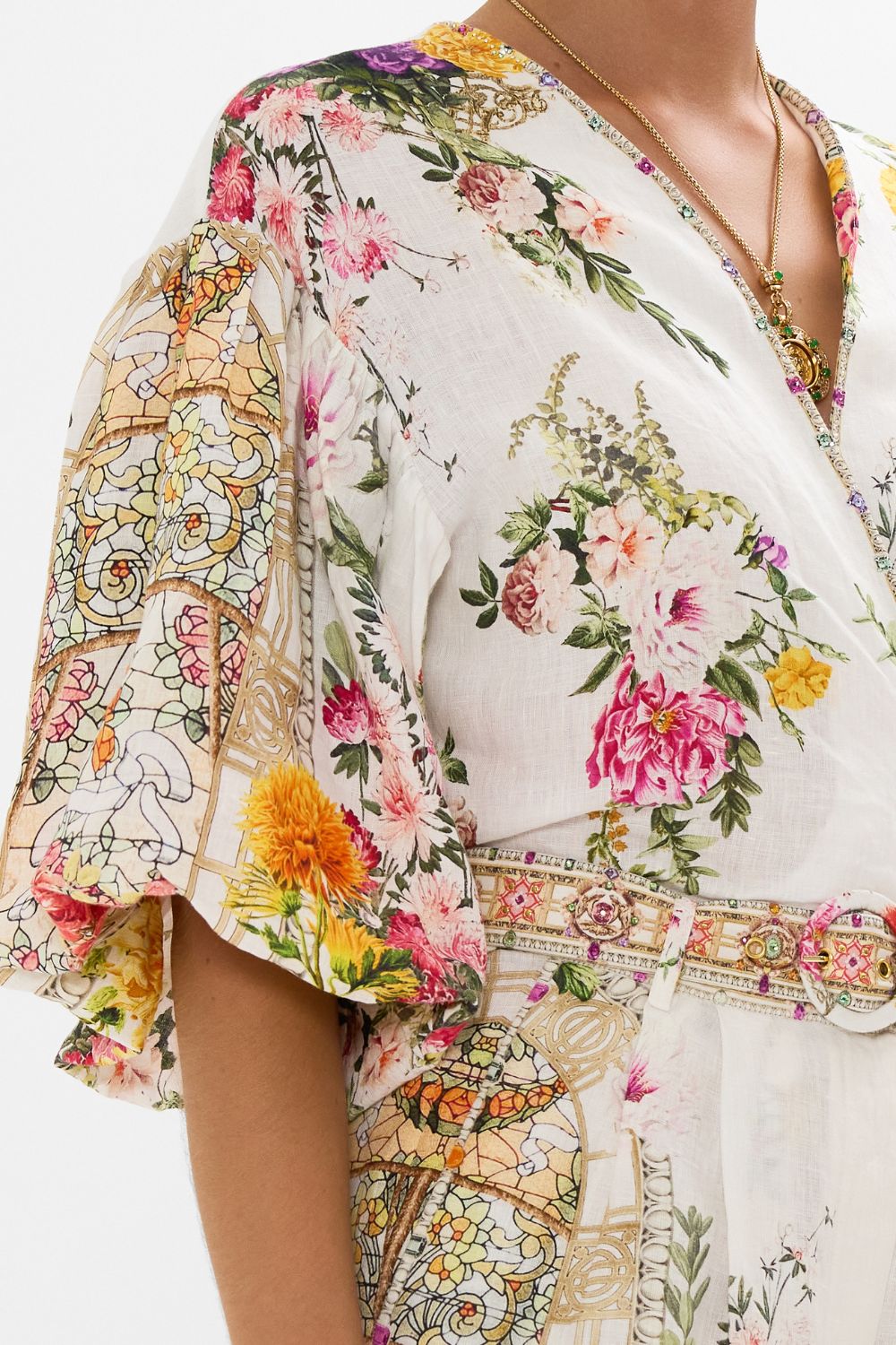 CAMILLA Tie front puff sleeve top in Egyptian rose print.