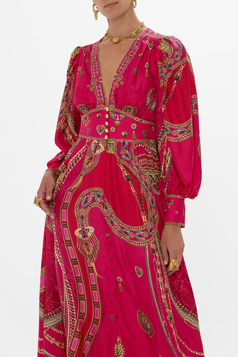 SHAPED WAISTBAND DRESS WITH GATHERED SLEEVES KISSED BY A COBRA