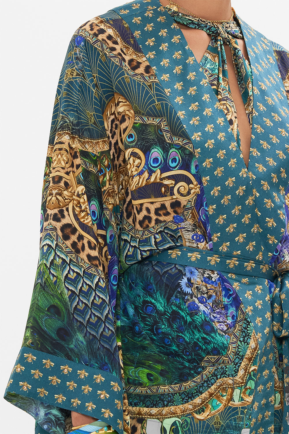 Detail view of model wearing CAMILLA silk Kimono in Fan Dance print