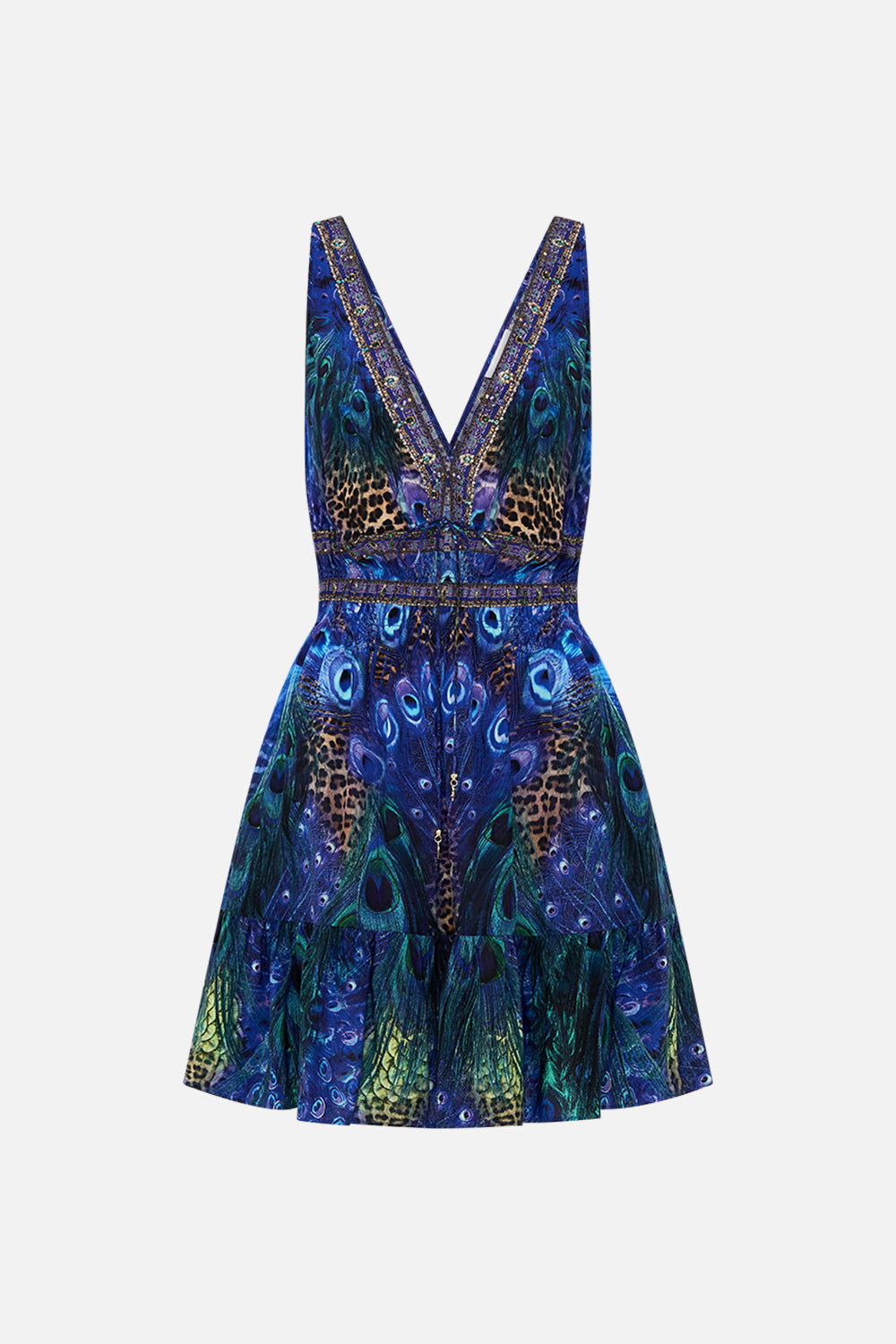Product view of CAMILLA silk minin dress in Peacock Rock print