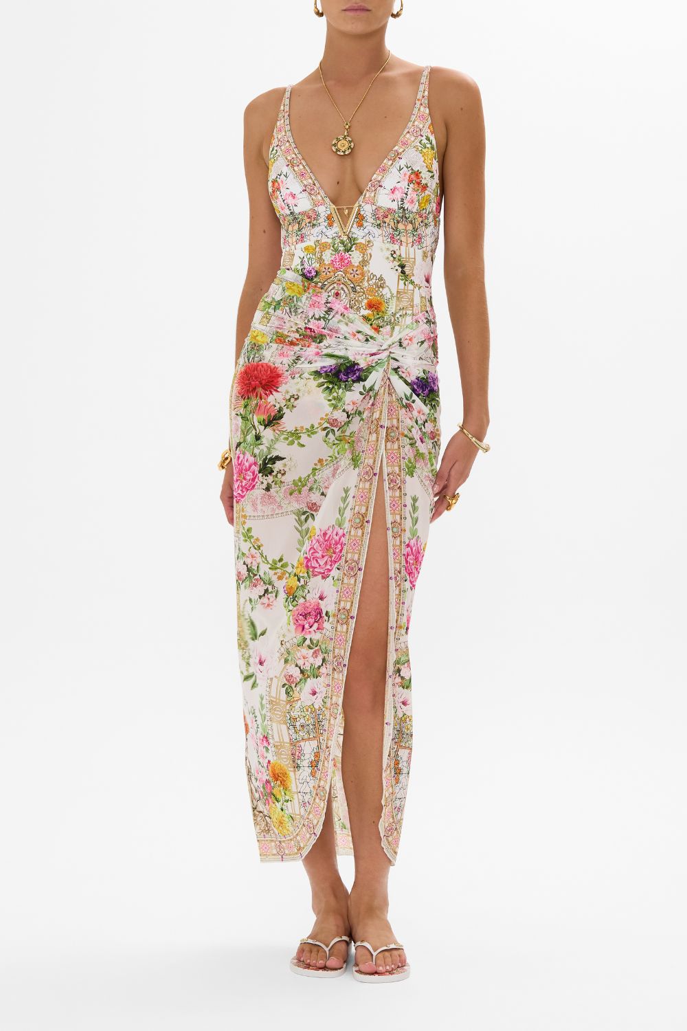 CAMILLA Twist front long skirt in Egyptian rose print.