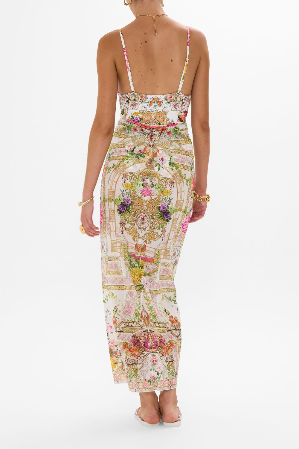 CAMILLA Twist front long skirt in Egyptian rose print.