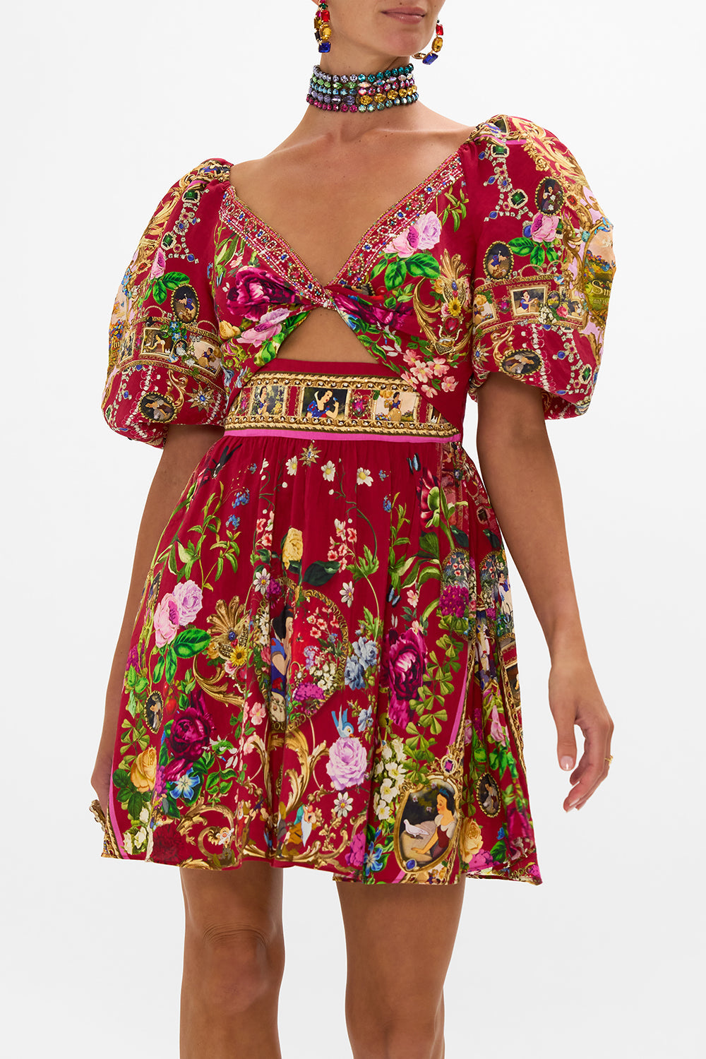 Disney CAMILLA puff sleeve mini dress in just one Bite Snow White print