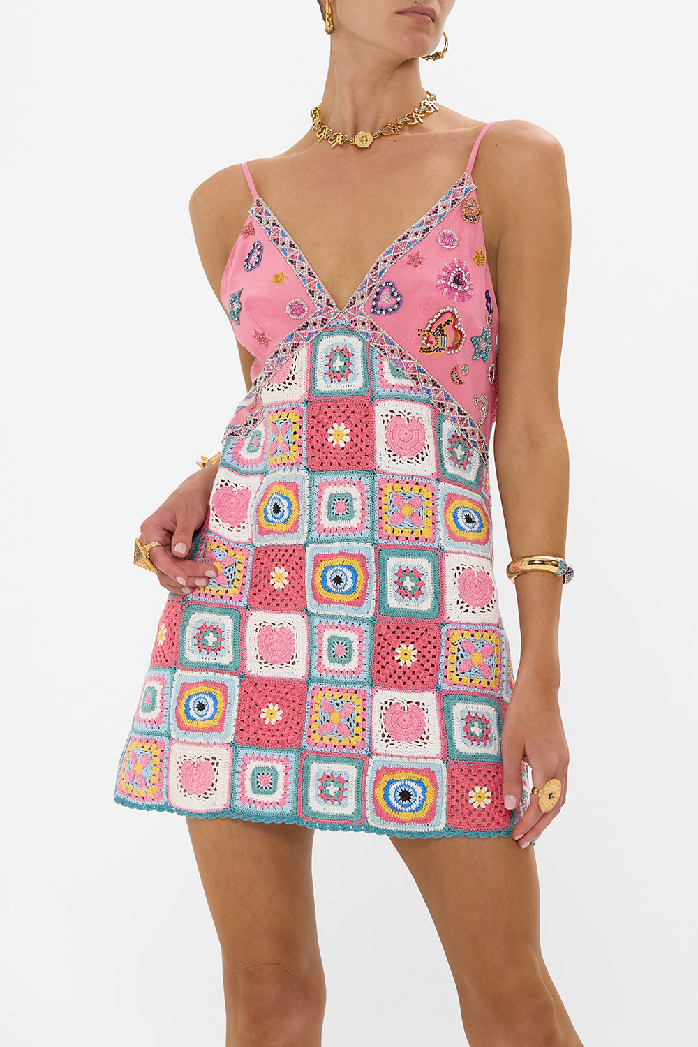 V NECK SHORT LENGTH CROCHET DRESS RAINBOW ROADS