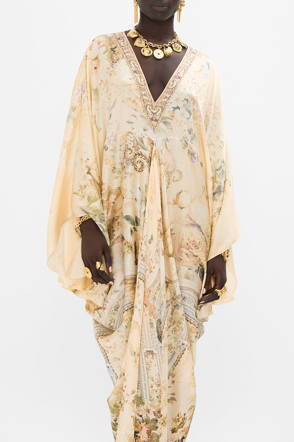 CAMILLA floral t shape long kaftan in Adorned in Antiquity print.