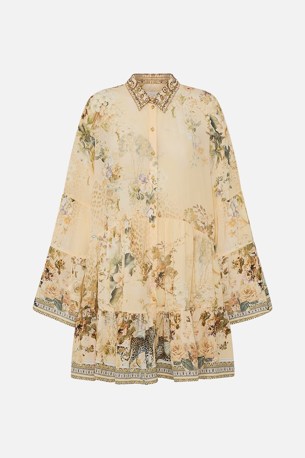 CAMILLA floral tired dress with collar in Adorned in Antiquity print.