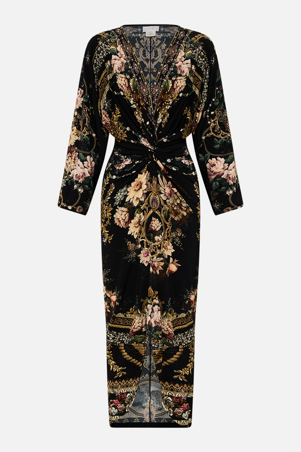 CAMILLA long split front twist dress in Dynasty Daze print.