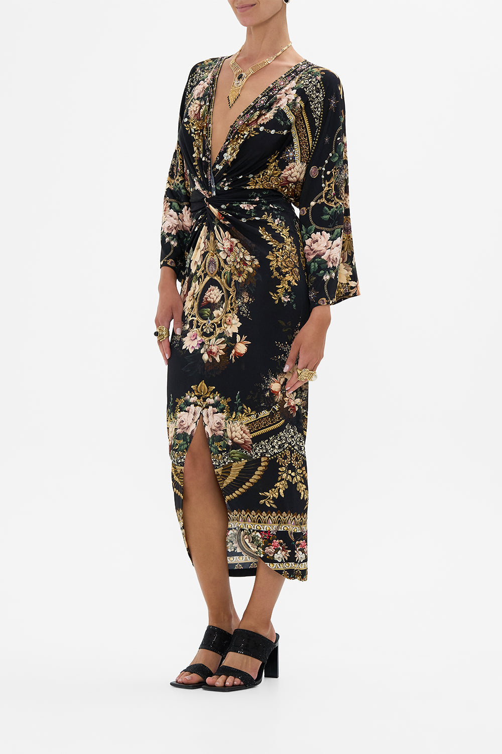 CAMILLA long split front twist dress in Dynasty Daze print.