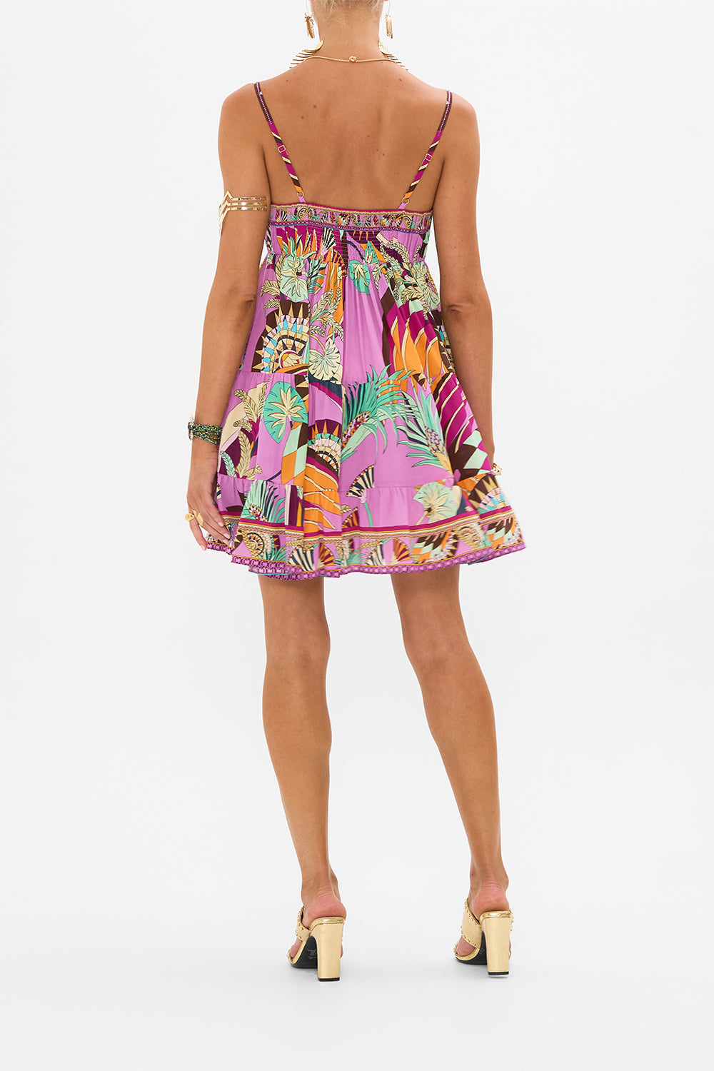 CAMILLA Gathered Bust Tiered Mini Dress in Giza Goddess print.