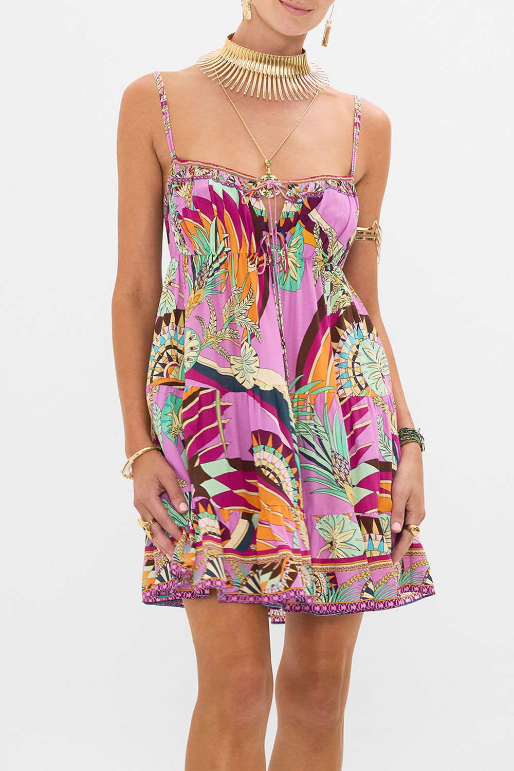 CAMILLA Gathered Bust Tiered Mini Dress in Giza Goddess print.